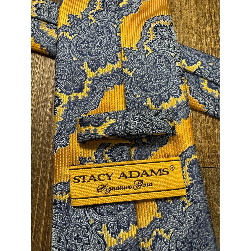 Stacy Adams Signature Gold Mens Paisley Necktie Yellow Blue Microfiber Hand Made - Picture 7 of 14